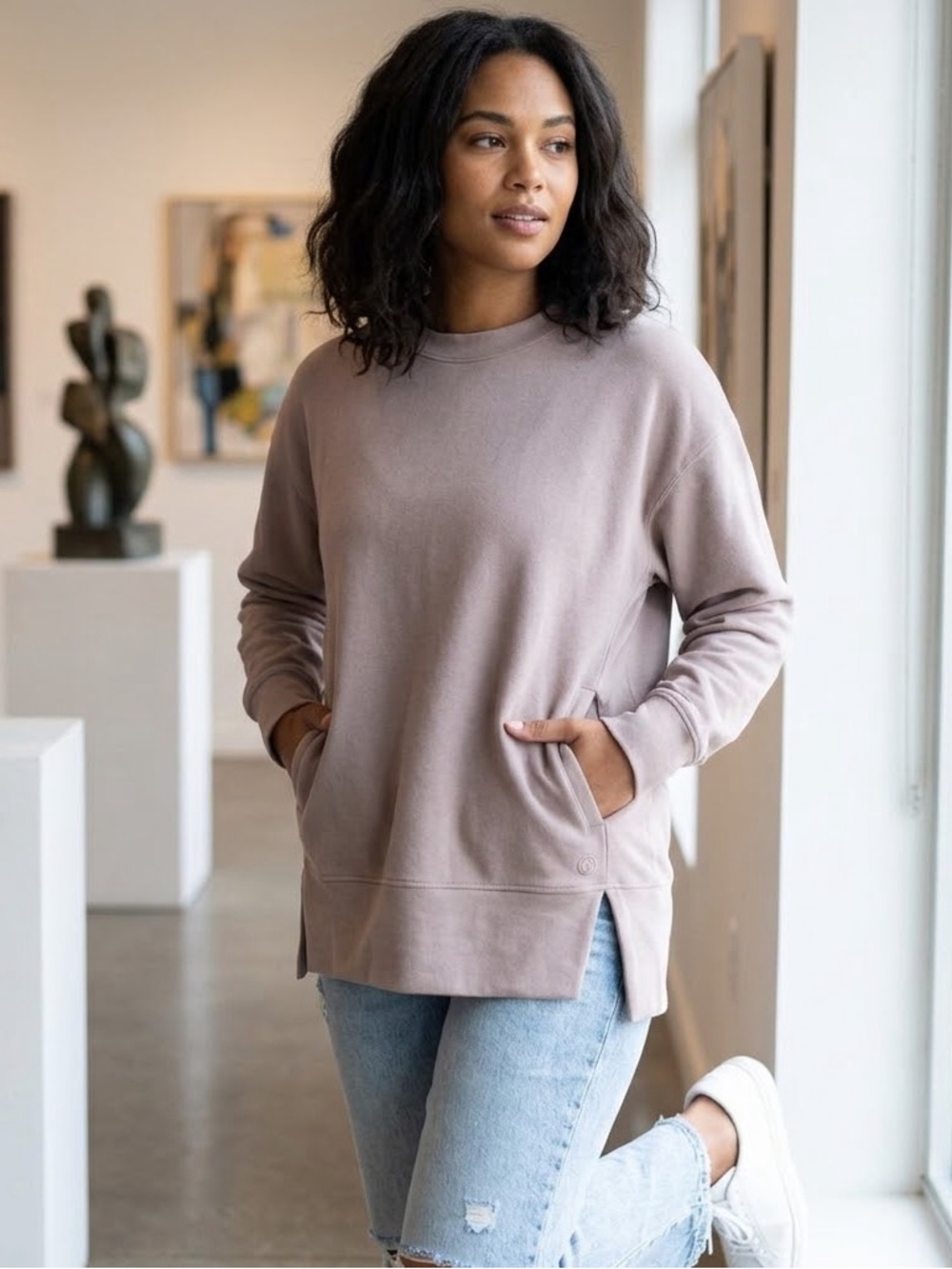 Sage Collective Casual Crewneck Sweatshirt Taupe Brown, Women’s Size Medium